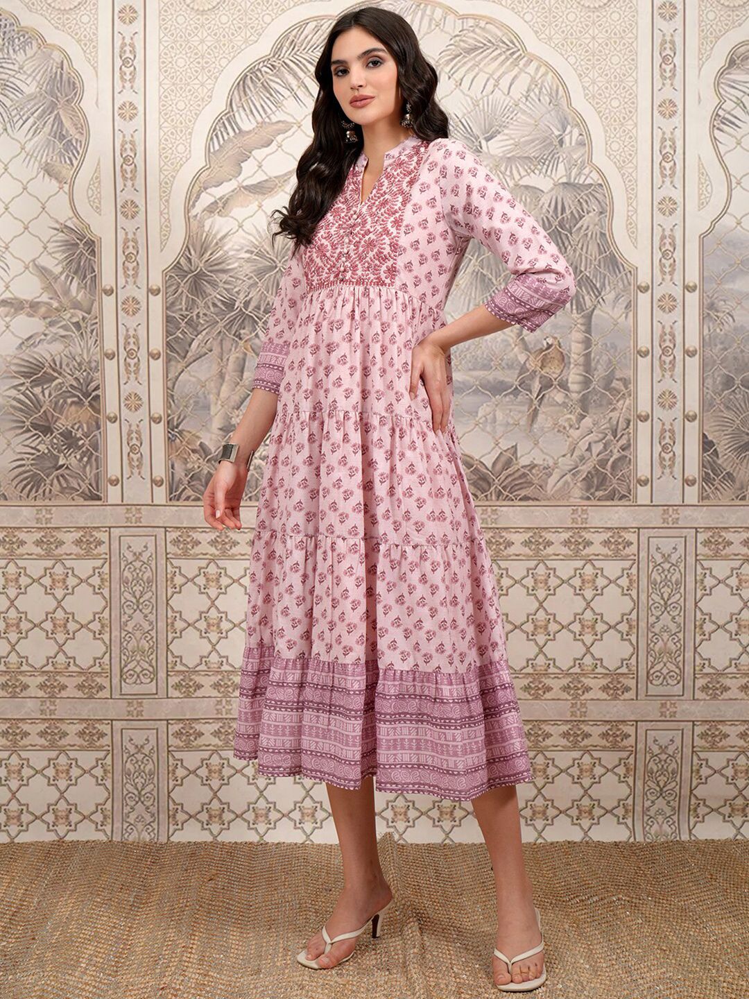 Vishudh Pink Ethnic Motifs Printed Mandarin Collar Fit and Flare Midi Ethnic Dress