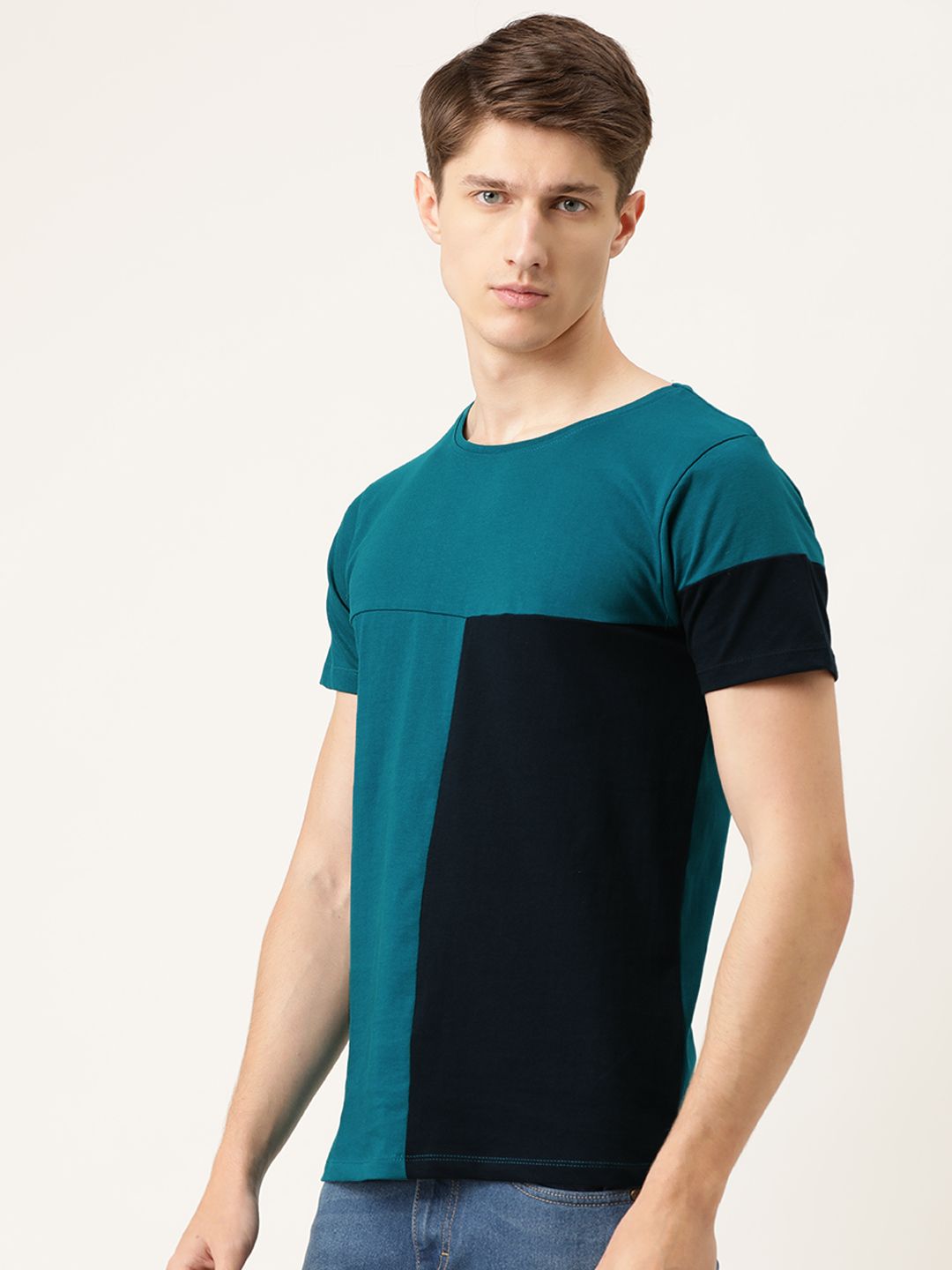 The Indian Garage Co Men Teal Blue  Navy Blue Colourblocked Round Neck T-shirt