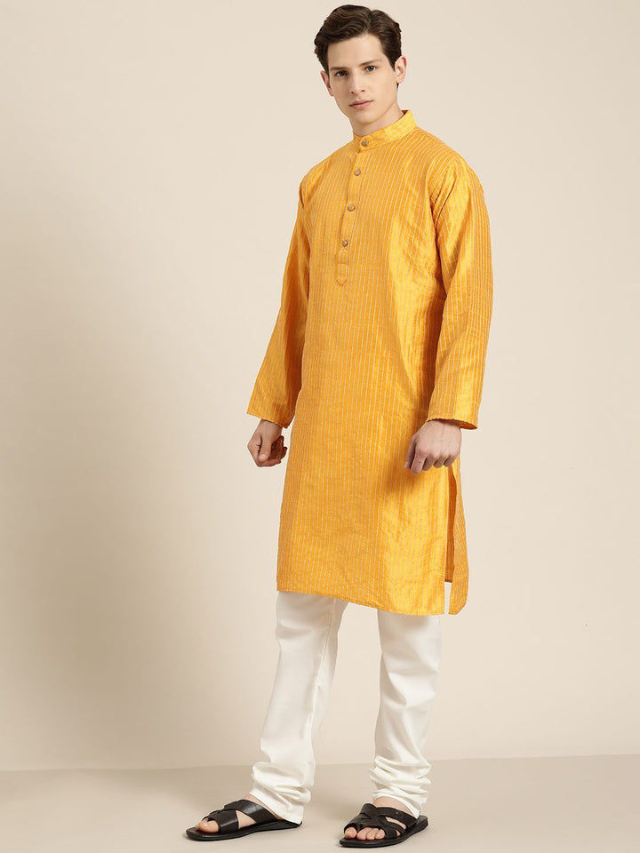 SOJANYA Men Mustard Yellow Striped Kurta with Pyjamas  & Nehru Jacket