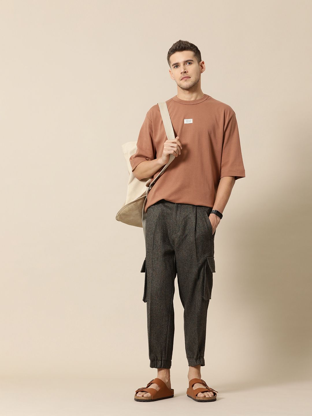 Mr Bowerbird Men Chevron Self Design Tweed Pleated Cargos Trousers