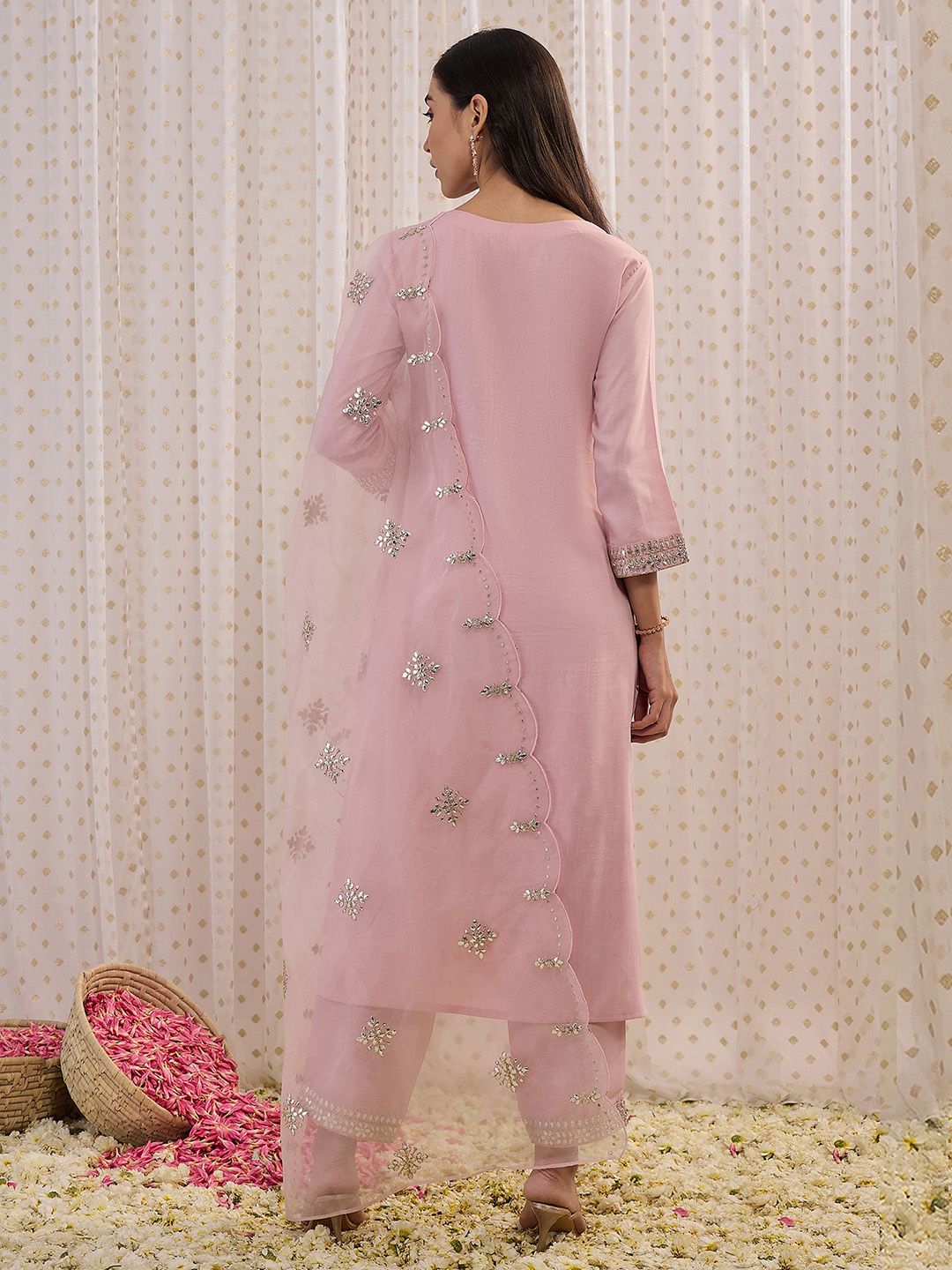 Indo Era Pink Ethnic Motifs Embroidered Gotta Patti Kurta with Trousers & Dupatta