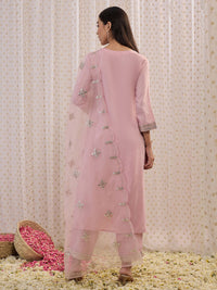 Indo Era Pink Ethnic Motifs Embroidered Gotta Patti Kurta with Trousers & Dupatta