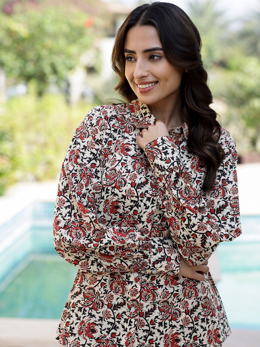 SANSKRUTIHOMES Floral Printed Shirt Collar Pure Cotton Night suit