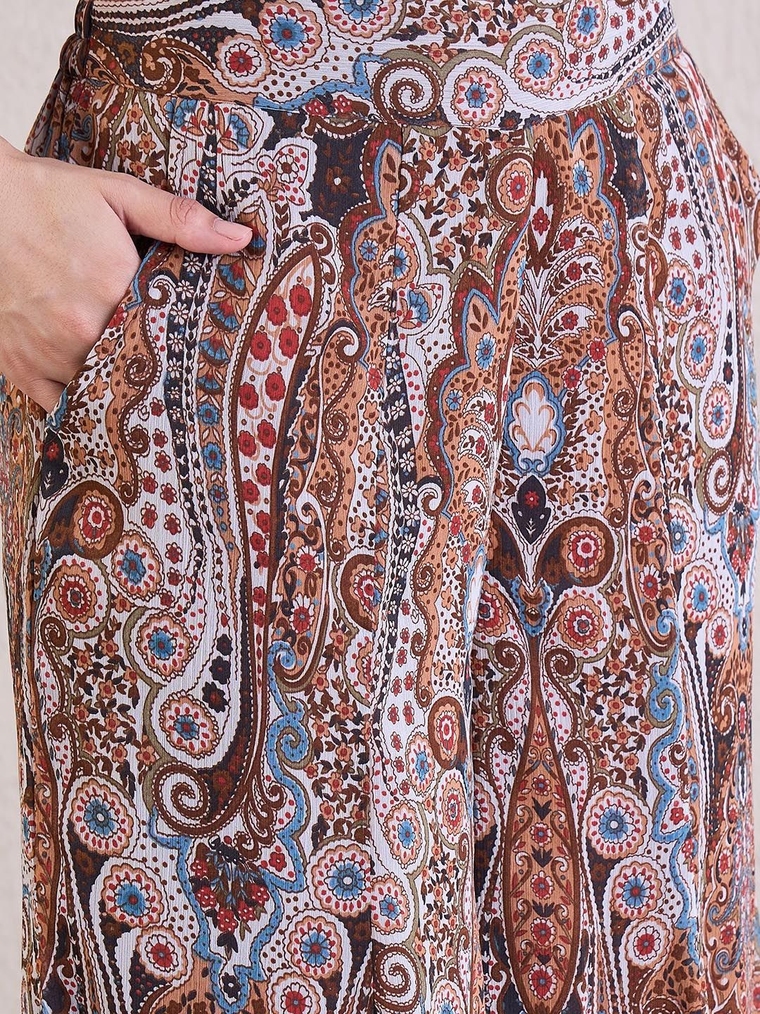 Antheaa Brown Embellished Round Neck Short Sleeves Top & Palazzos