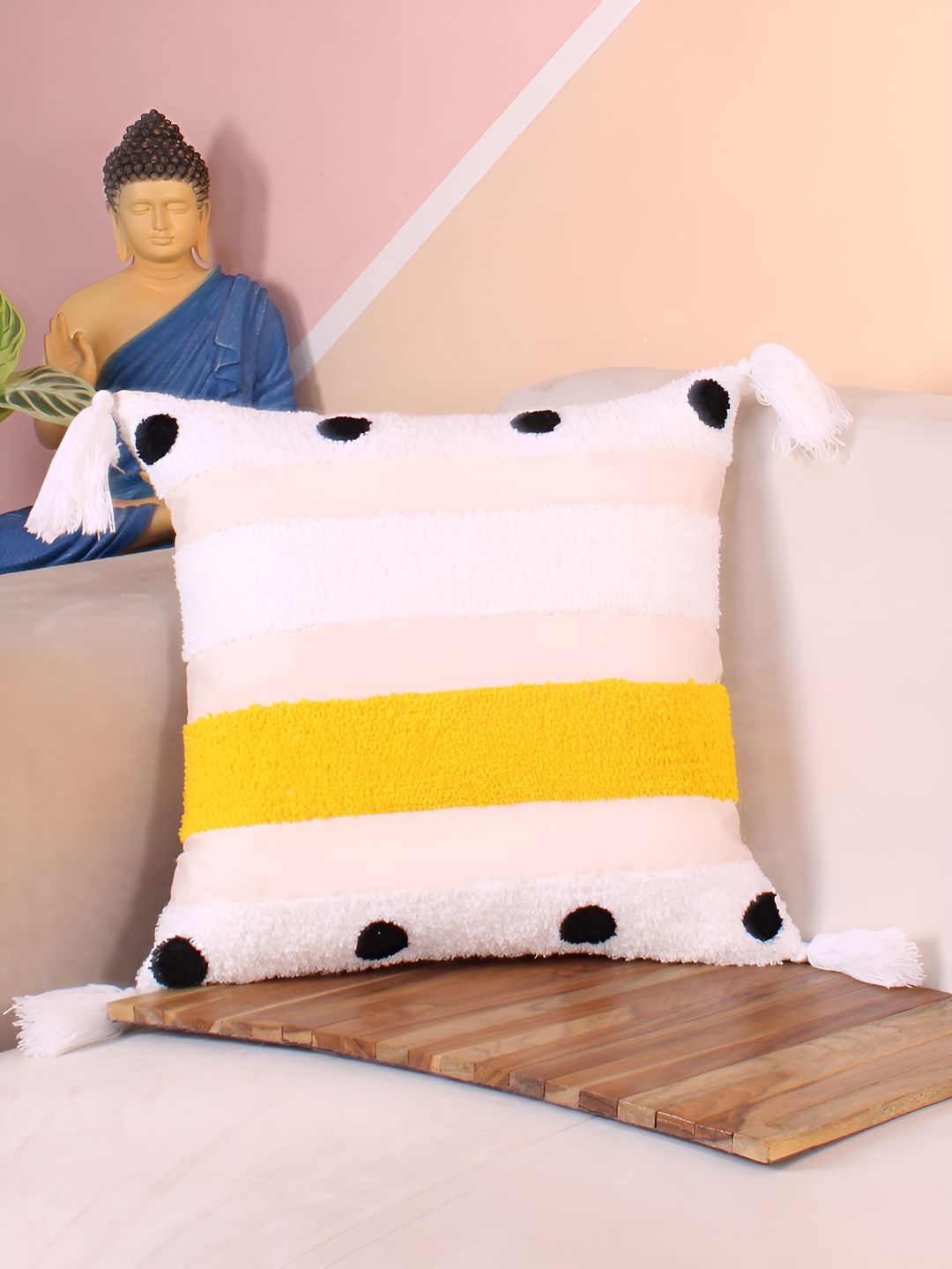 STITCHNEST White & Yellow Embroidered Square Cushion Covers