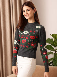 STREET 9 Black & Red Floral Self Design Pullover