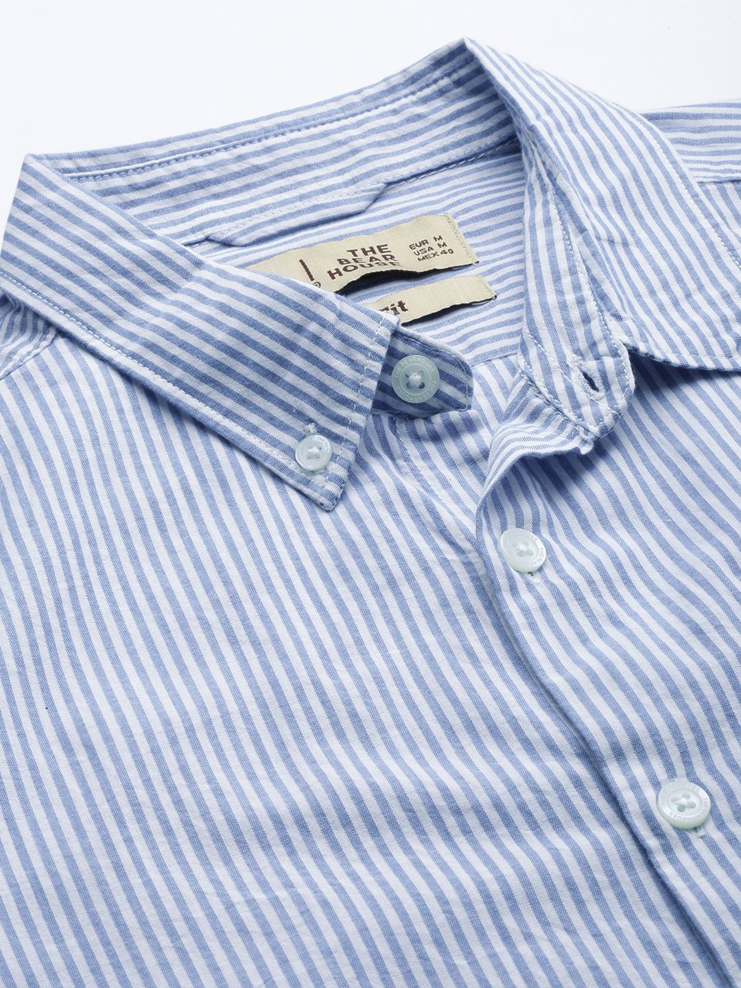 THE BEAR HOUSE Men Blue & White Classic Slim Fit Striped Pure Cotton Casual Shirt