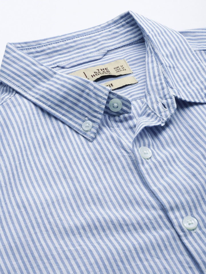 THE BEAR HOUSE Men Blue & White Classic Slim Fit Striped Pure Cotton Casual Shirt