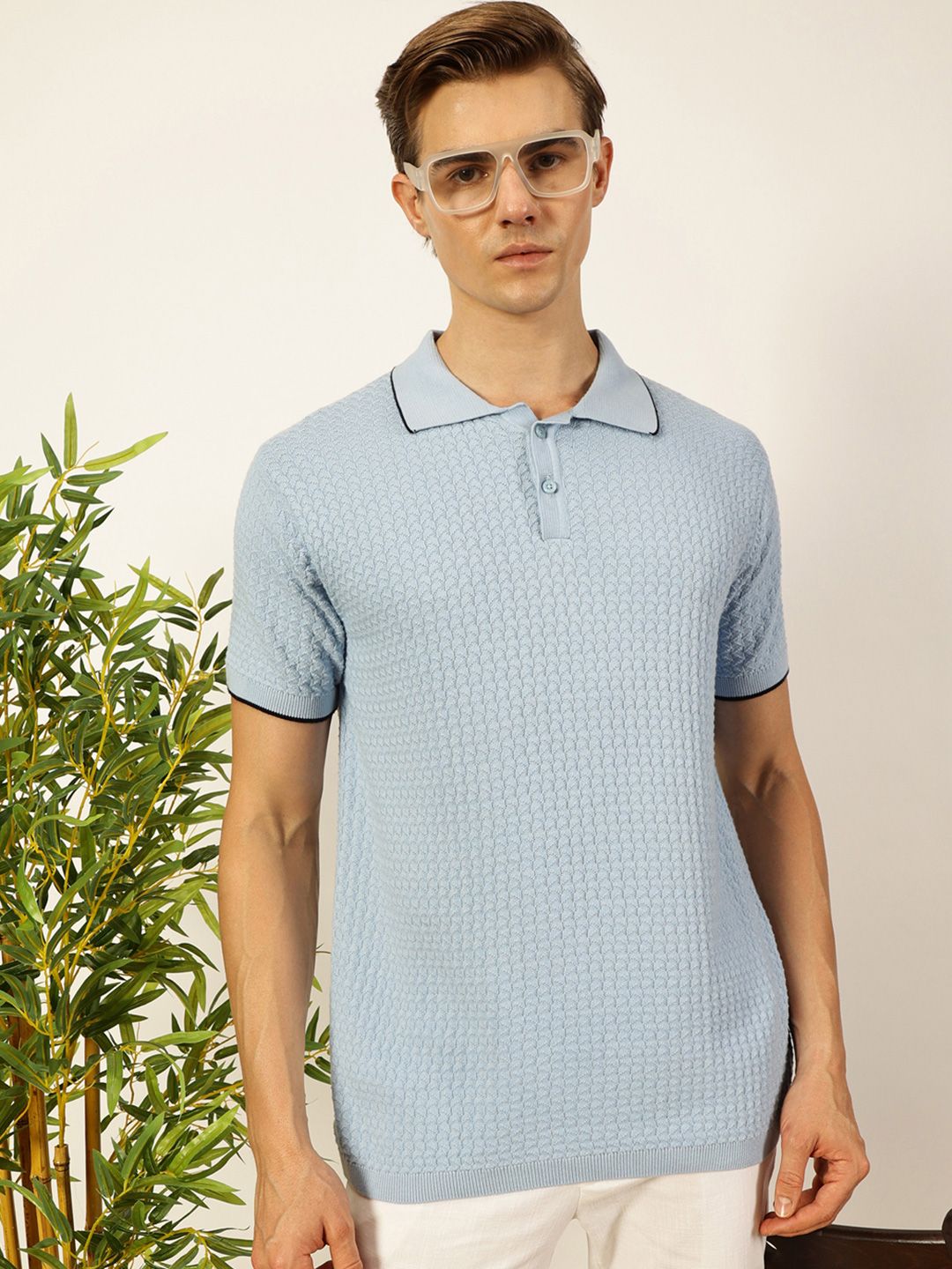 Thomas Scott Men Self Design Regular Fit Knitted Polo T-shirt