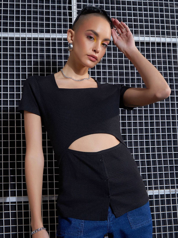 SASSAFRAS Black Square Neck Cut-Out Top