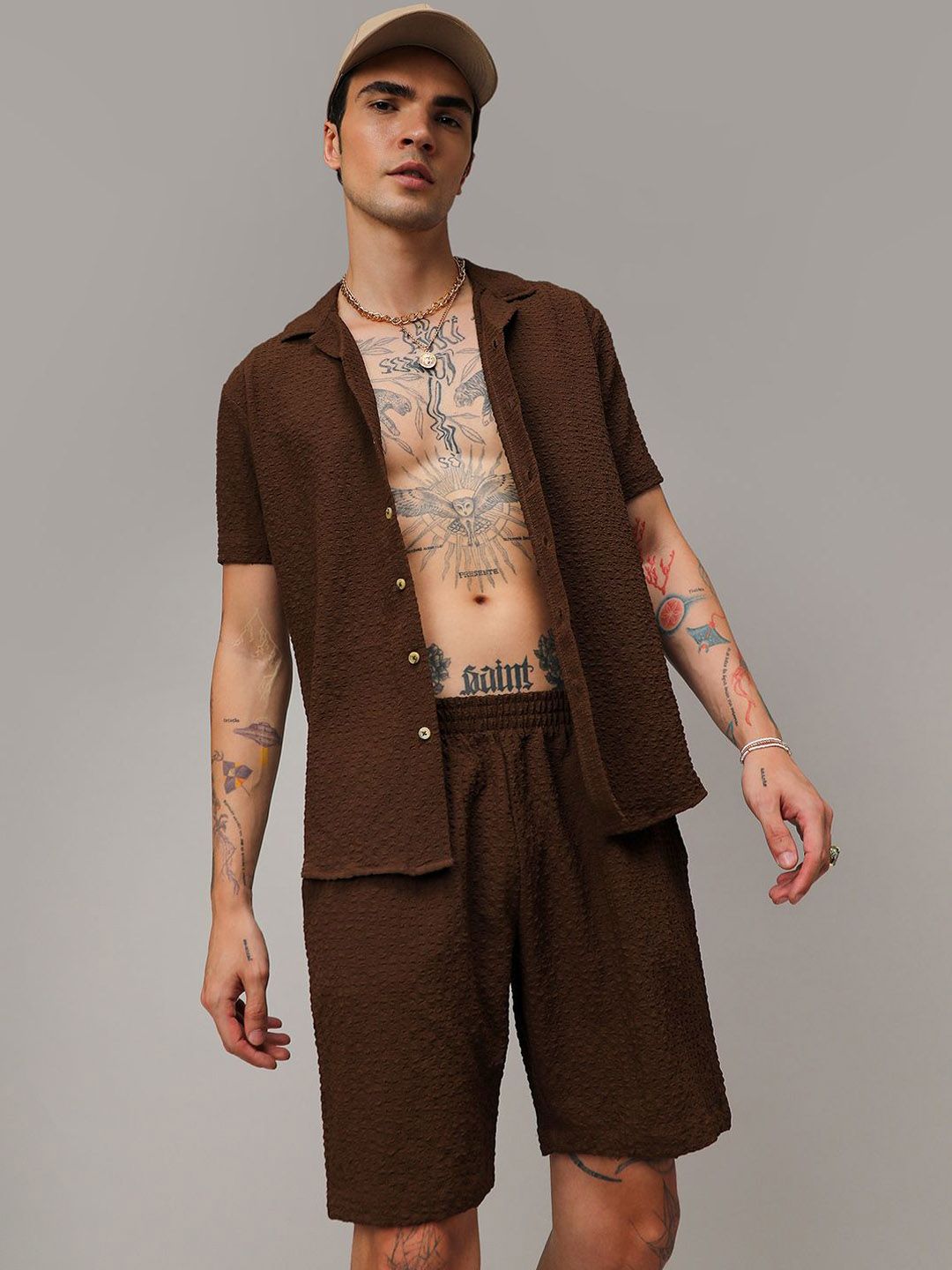 Campus Sutra Chocolate Brown Short Sleeves Textured Shirt & Shorts
