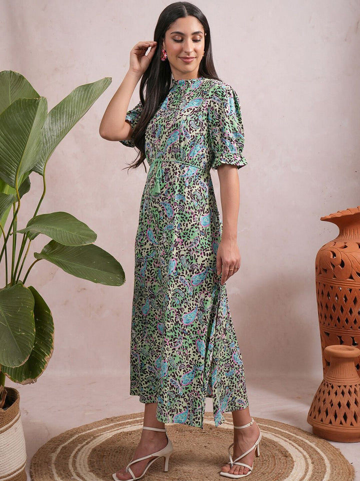 Vishudh Green & Yellow Floral Printed Fit & Flare Midi Dress