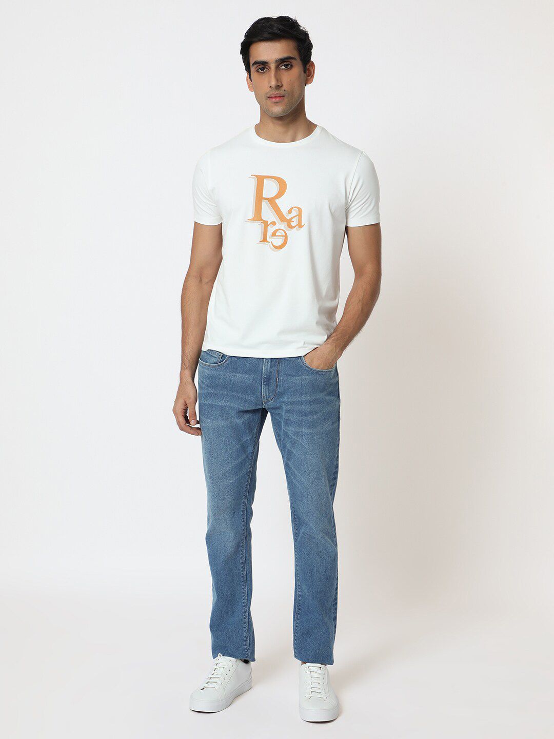 RARE RABBIT Men Cero Typography Printed Cotton Slim Fit T-Shirt