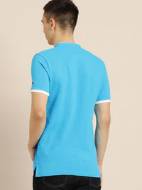 Menjadi T-Shirt Lelaki Mandarin Mandarin Biru T-shirt Slim Cotton Fit dengan Cetakan Logo Jenama