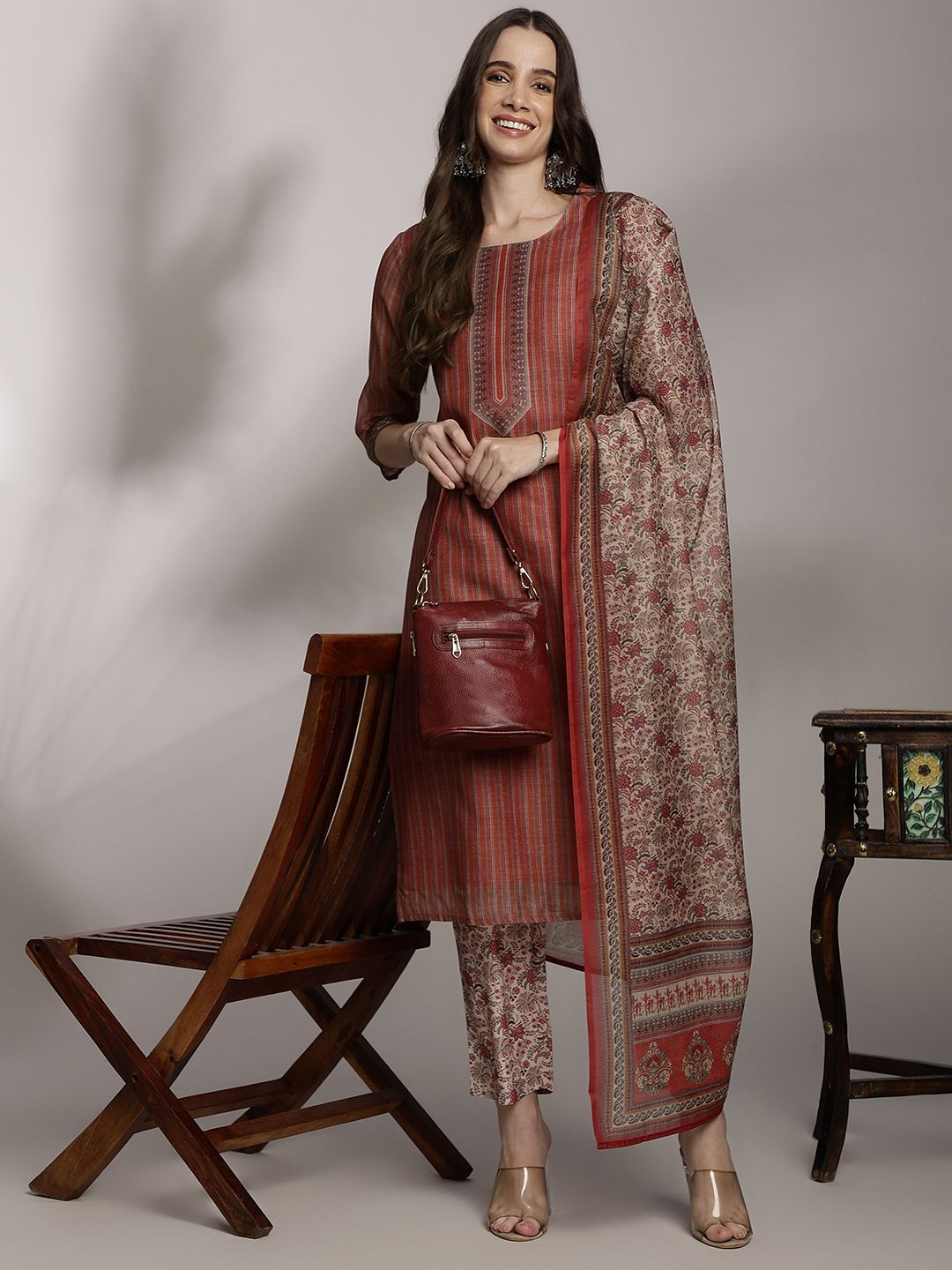 Anouk Women Striped Regular Kurta with Trousers & With Dupatta