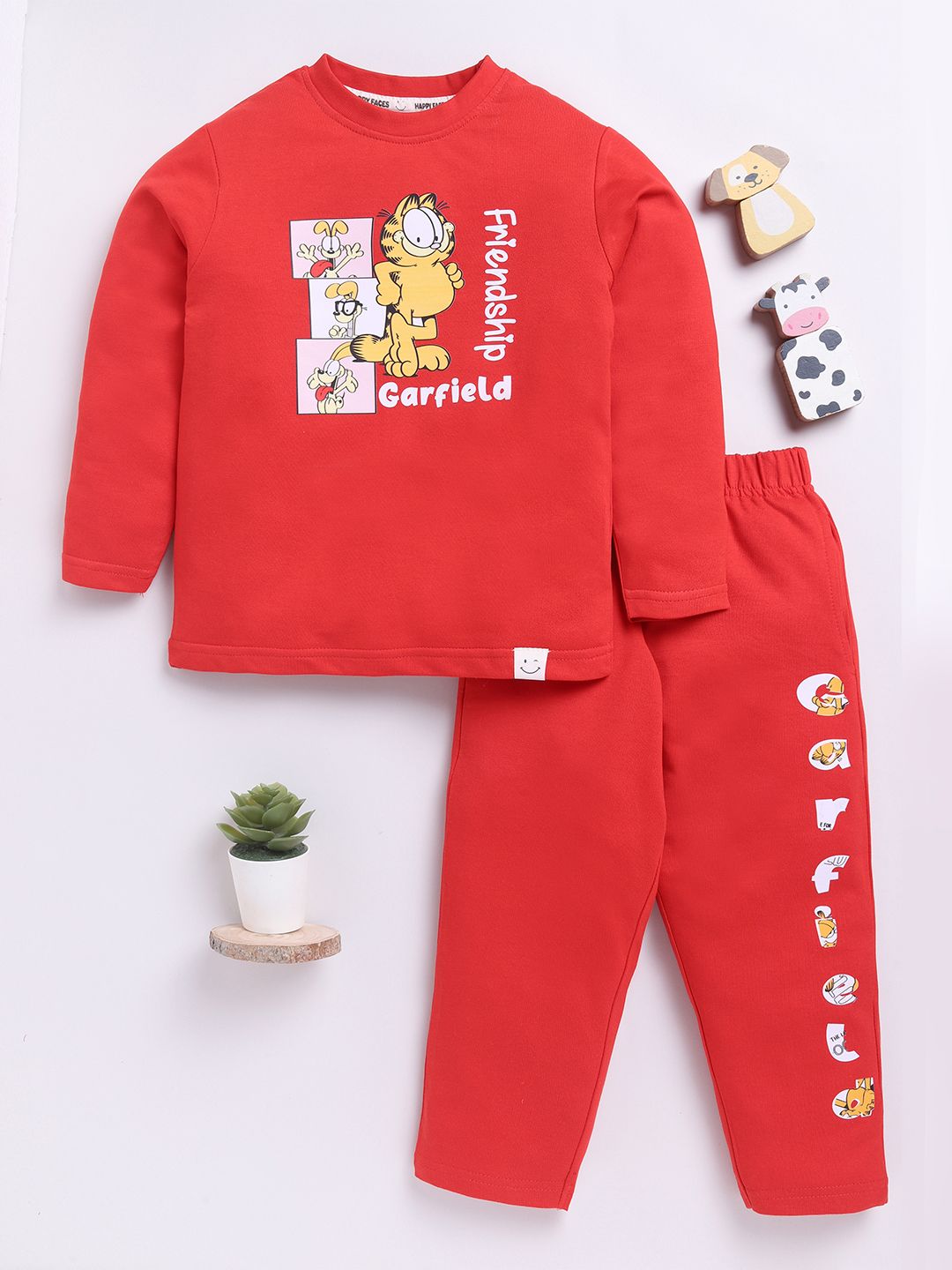 Happy Faces Boys Garfield Printed Pure Cotton T-shirt with Trousers
