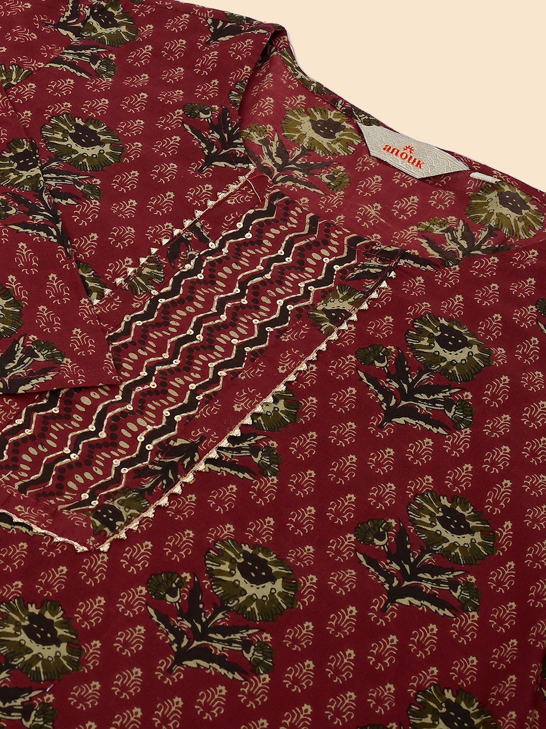 Anouk Maroon & Green Ethnic Printed Pure Cotton Straight Kurta With Palazzos & Dupatta