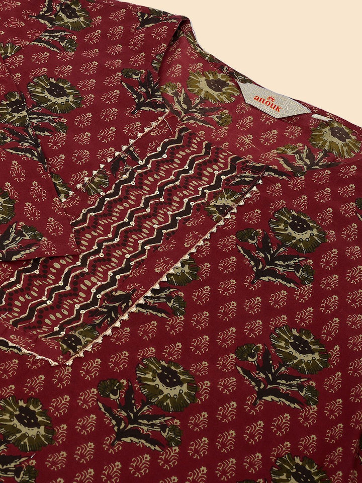 Anouk Maroon & Green Ethnic Printed Pure Cotton Straight Kurta With Palazzos & Dupatta