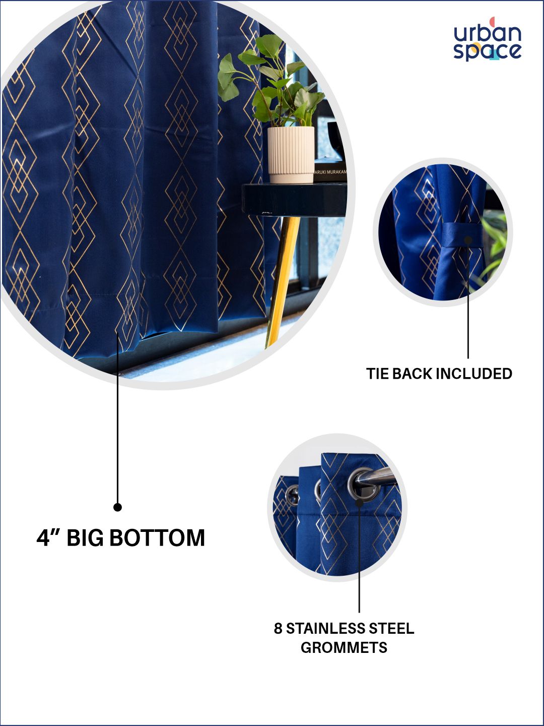 URBAN SPACE Navy Blue & Brown Geometric Printed Black Out Window Curtain