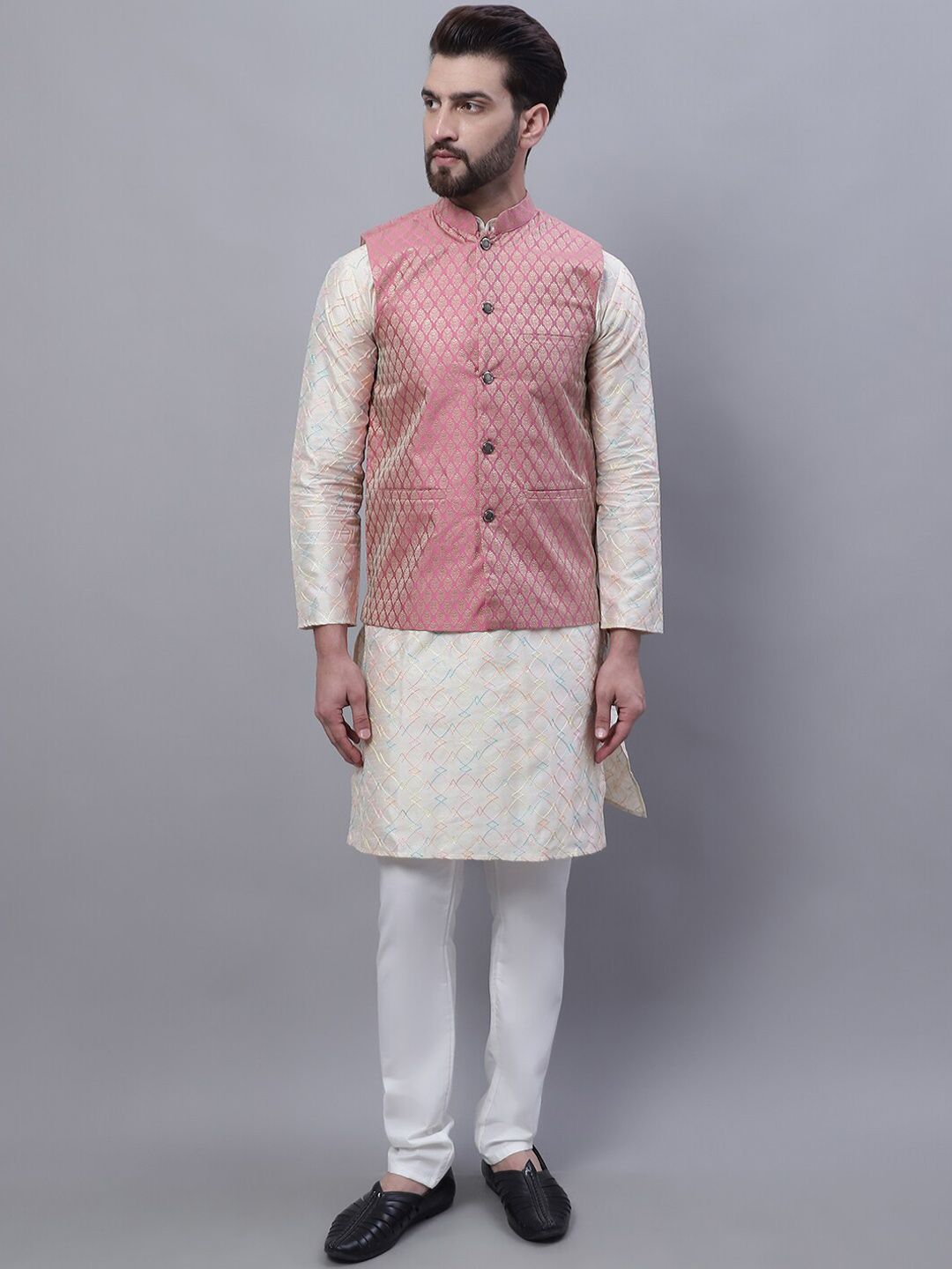 SOJANYA Embroidered Mandarin Collar Kurta with Pyjamas & Nahru Jacket