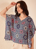 DENNISON Ethnic Motif Printed Batwing Sleeve Ethnic Crepe Kaftan Top