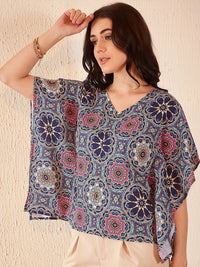 DENNISON Ethnic Motif Printed Batwing Sleeve Ethnic Crepe Kaftan Top