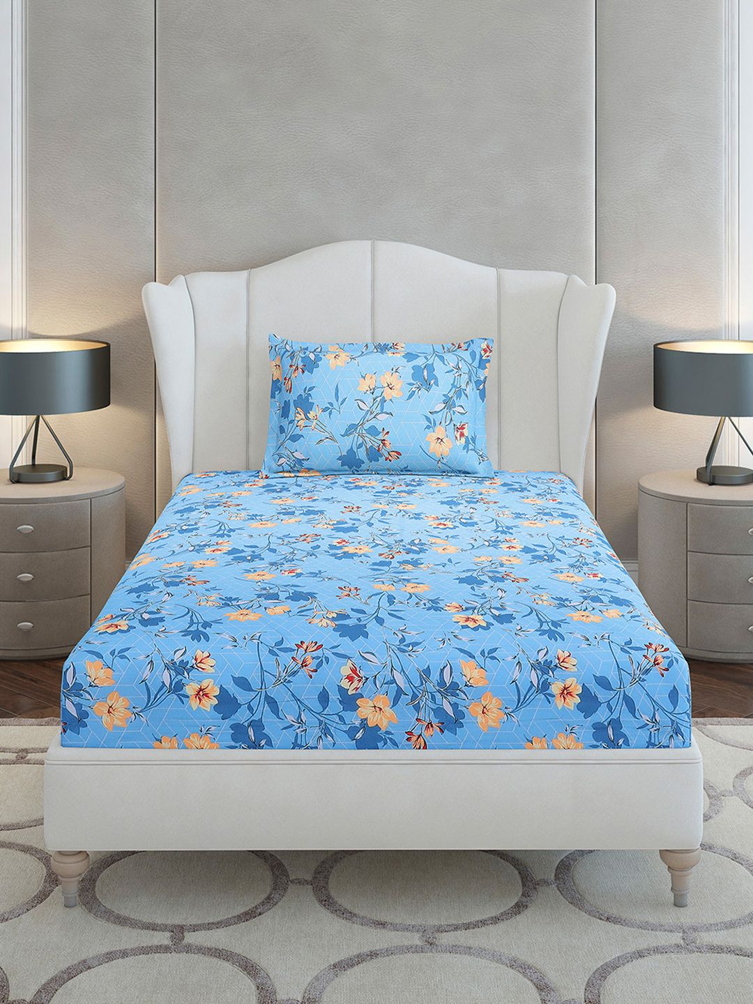 Monte Carlo Blue & Yellow Floral Printed Cotton 104 TC Single Bedsheet Set-2.24 m x 1.52 m