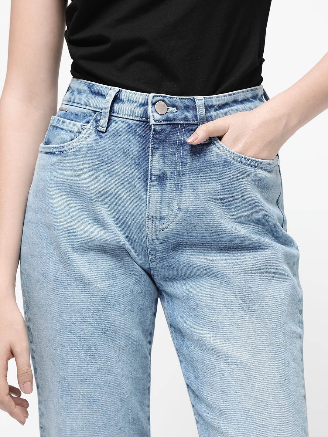 RAREISM Women Comfort Straight Fit High-Rise Clean Look Heavy Fade Cotton Jeans