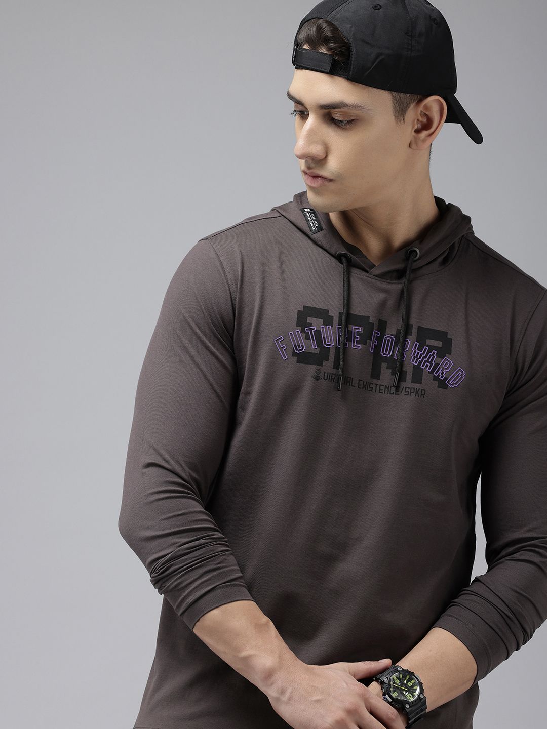 SPYKAR Typography Printed Hooded Slim Fit T-shirt