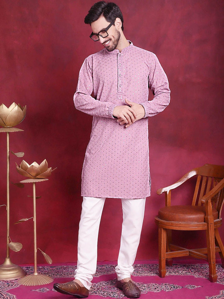 Jompers Floral Embroidered Sequinned Chikankari Pure Cotton Kurta