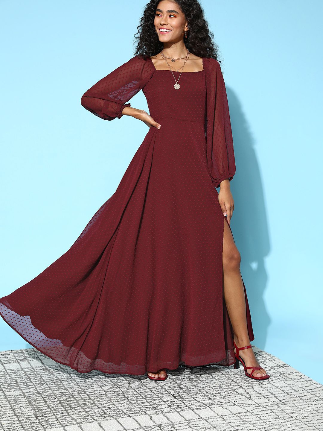 Berrylush Women Stunning Maroon Self-Design Peekaboo Bottom Dress