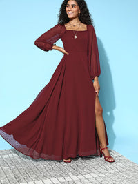 Berrylush Women Stunning Maroon Self-Design Peekaboo Bottom Dress