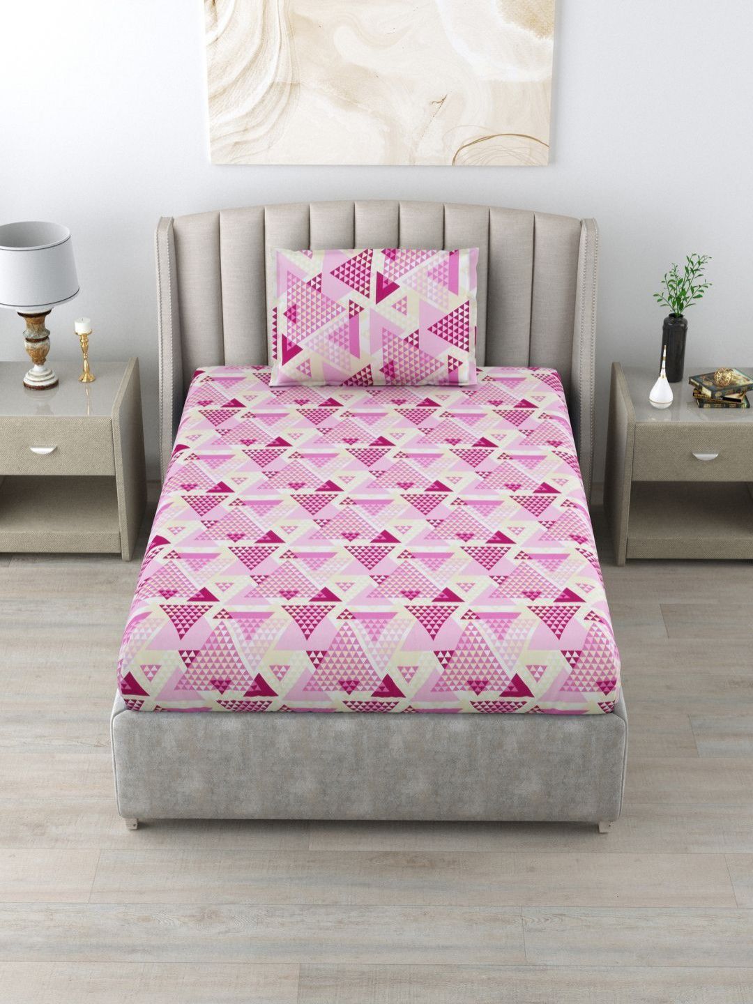 BOMBAY DYEING Epigram Pink Geometric Pure Cotton 120TC Single Bedsheet Set 1.50 m X 2.74 m