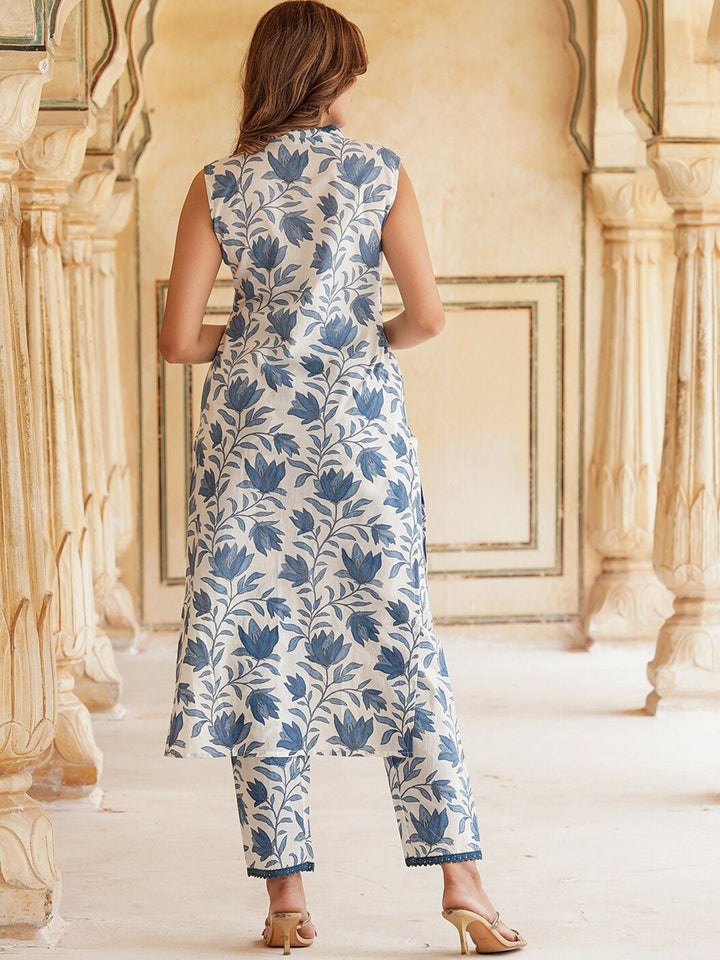 KALINI Floral Printed Straight Pure Cotton Kurta With Trousers