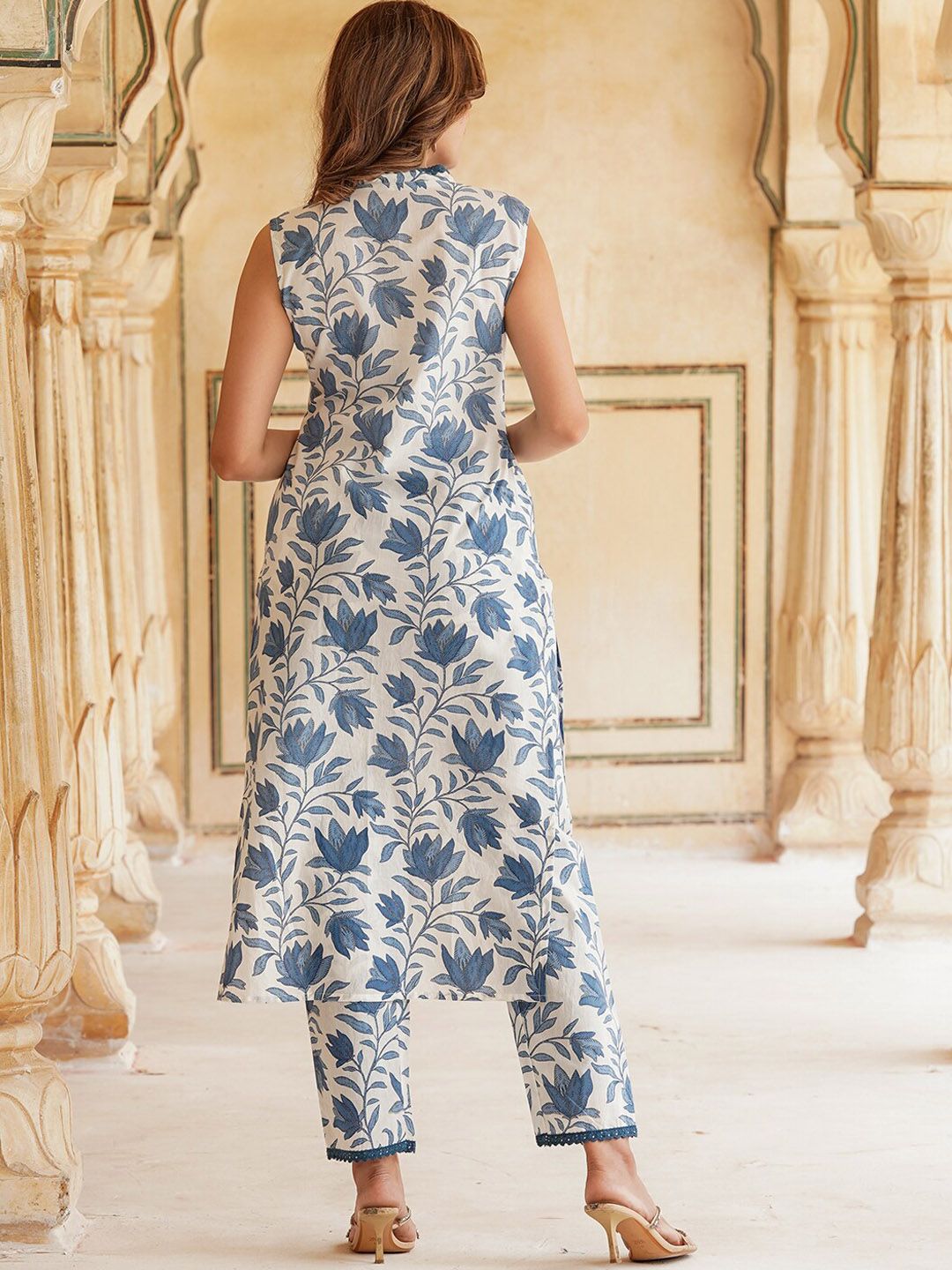 KALINI Floral Printed Straight Pure Cotton Kurta With Trousers