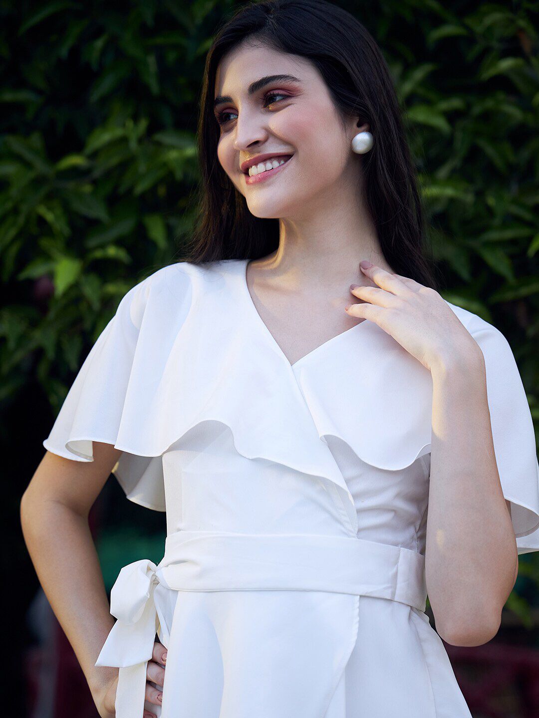 Berrylush White V-Neck Flared Ruffled Playsuit