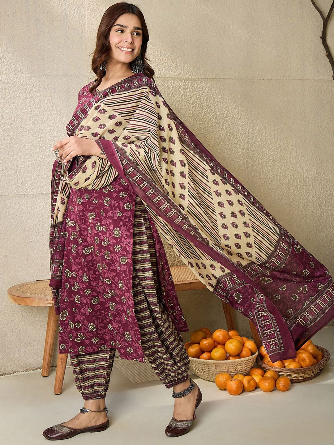 Indo Era Floral Printed V Neck Pure Cotton Kurta With Salwar & Dupatta