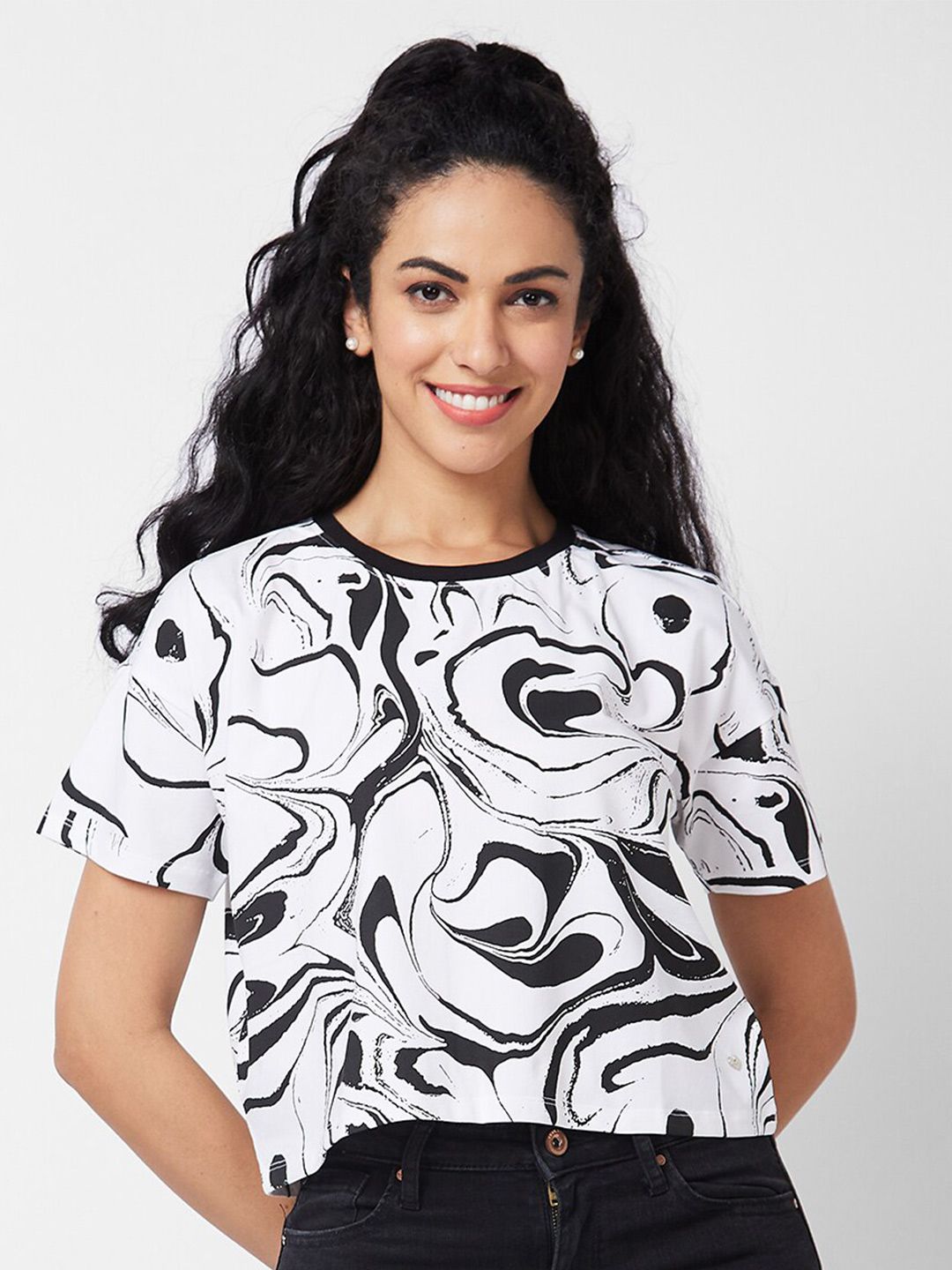 SPYKAR Abstract Printed Round Neck Cotton Boxy T-shirt