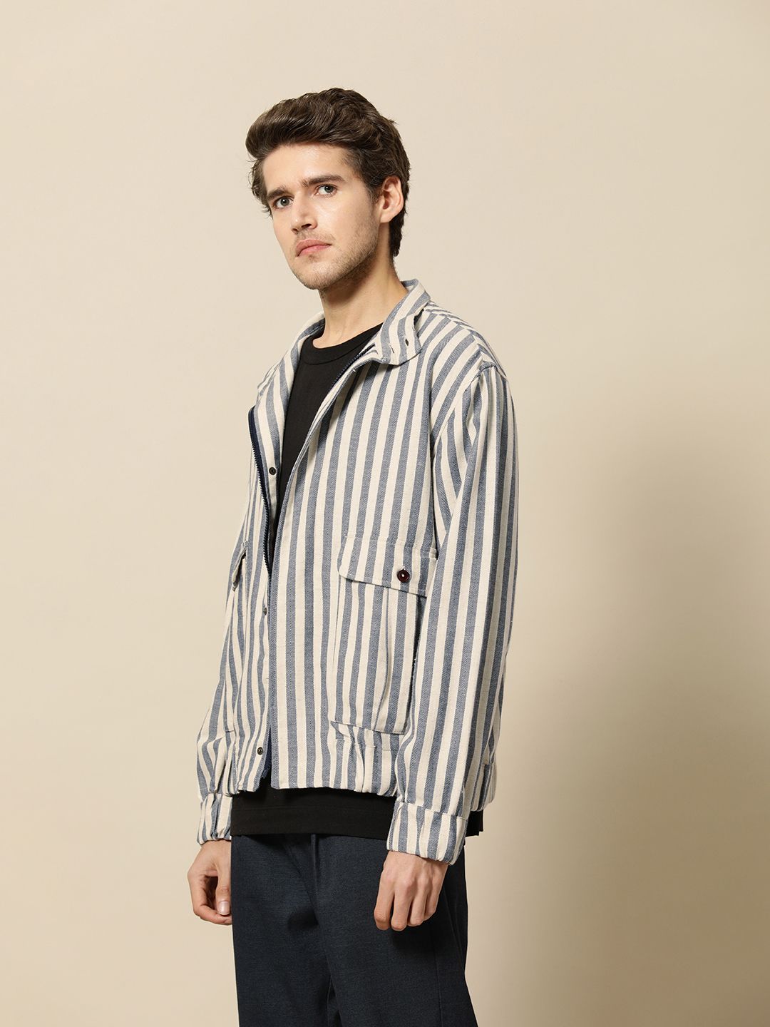 Mr Bowerbird Men Off White Navy Blue Striped Tailored Jacket