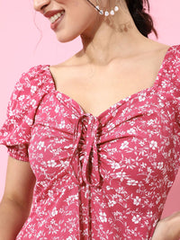 Berrylush Women Pretty Pink Floral Puff Sleeves Dress