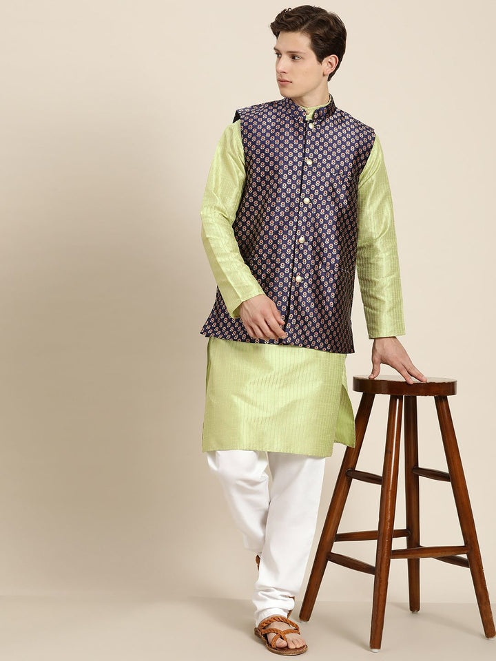 SOJANYA Men Green & Beige Striped Thread Work Straight Kurta Churidar Nehru Jacket