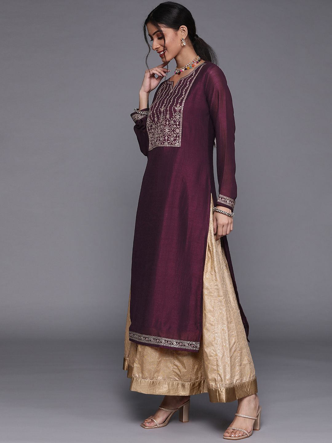 Libas Women Purple Floral Yoke Design Kurta