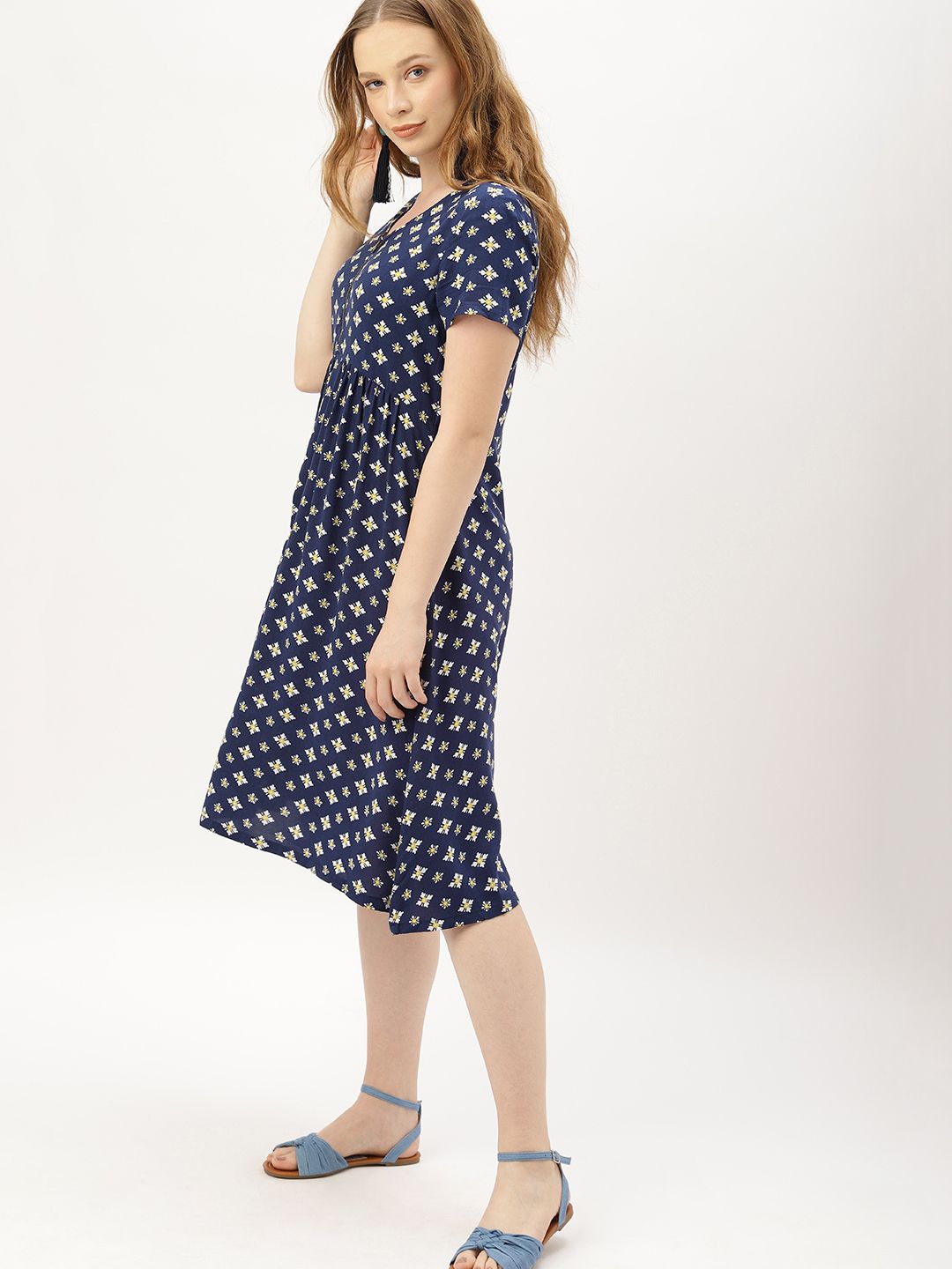 DressBerry Women Printed Navy Blue & White A-Line Dress