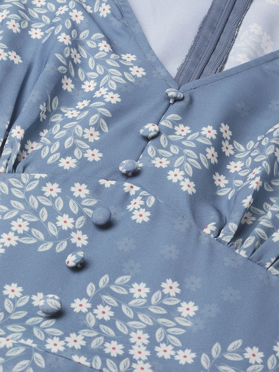 SASSAFRAS Blue & Off-White Floral Print Empire Dress