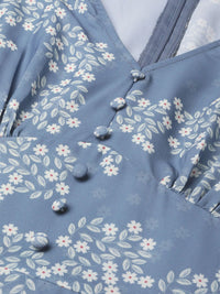 SASSAFRAS Blue & Off-White Floral Print Empire Dress