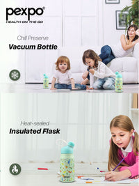 Pexpo Piano Green Thermosteel Double wall Hot and Cold Dinasour Flask Water Bottle 425ml