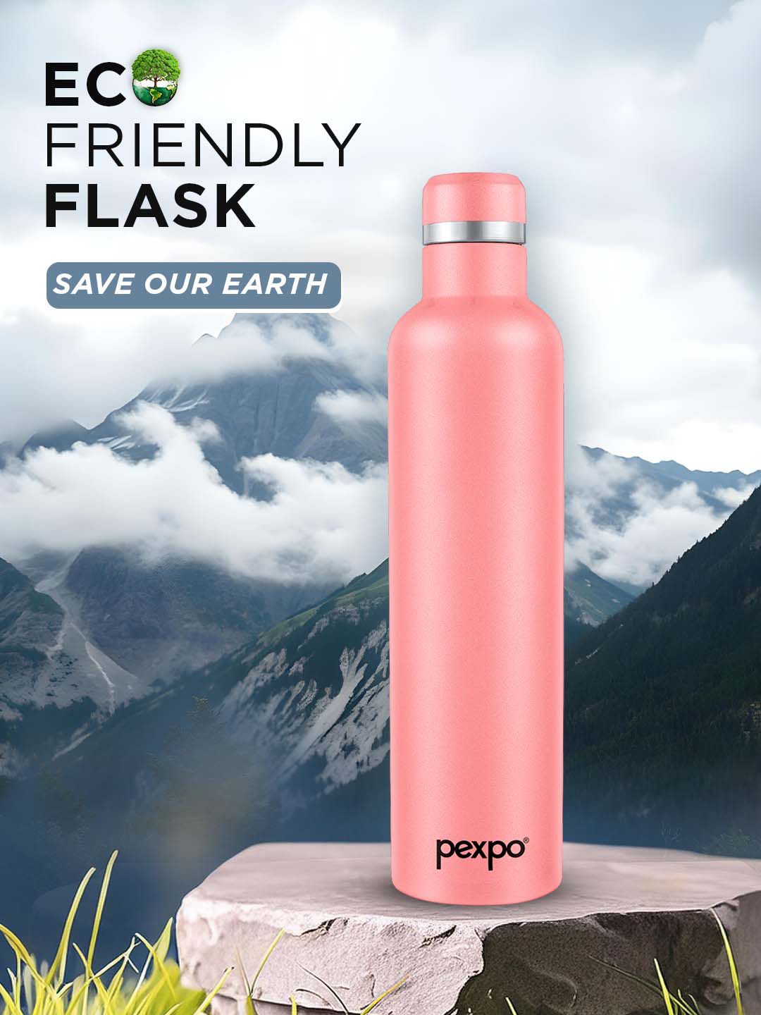 Pexpo Oreo Pink Solid Stainless Steel Double Wall Vacuum Water Bottle - 1L