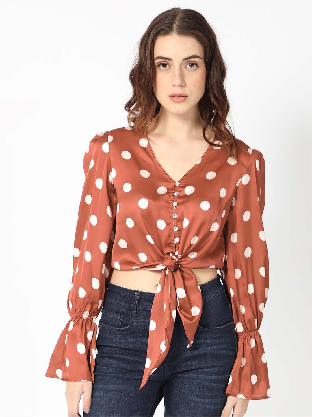 RAREISM Polka Dot Print Puff Sleeve Styled Back Crop Top