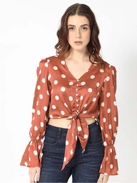 RAREISM Polka Dot Print Puff Sleeve Styled Back Crop Top