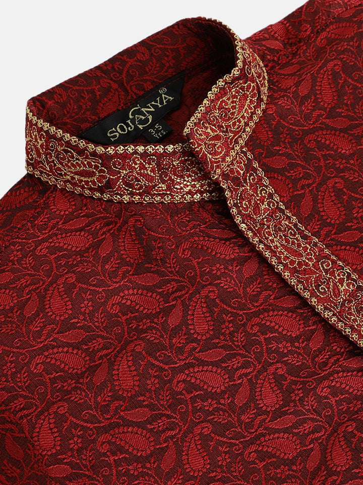 SOJANYA Boys Maroon Paisley Benang Sulam Bekerja Kurta Lurus